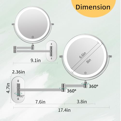FUNTOUCH 5000mAh Rechargeable Wall Mounted Makeup Mirror with Light Charger | Double Sided 1X/30X Magnification,3 Color Lights,Touch Dimmable,Extended Arm 360 Rotation Lighted Bathroom Mirror - color: Polished Chrome