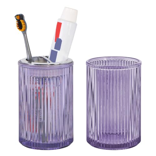 Toothbrush Holders for Bathrooms, 2pcs Purple Glass Toothbrush Holder, Bathroom Toothbrush Cup and Toothpaste Holder with Silver Divider, Tooth Brush and Toothpaste Organizer for Countertop - color: Purple Silver