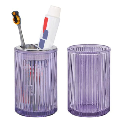 Toothbrush Holders for Bathrooms, 2pcs Purple Glass Toothbrush Holder, Bathroom Toothbrush Cup and Toothpaste Holder with Silver Divider, Tooth Brush and Toothpaste Organizer for Countertop - color: Purple Silver