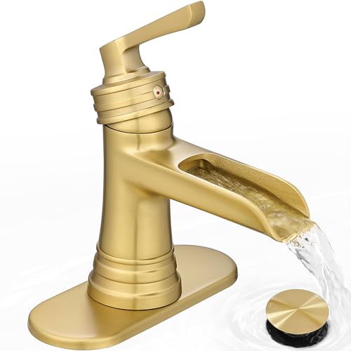 Brushed Gold Bathroom Faucets One Hole, Brass Waterfall Bathroom Sink Faucet 3 Hole 4 Inch With Pop-up Drain, Deck Plate, Pre-Installed cUPC Hose for Farmhouse, Lavatory, 5 Mins Quick Install - color: Brushed Gold