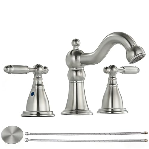 RKF Bathroom Faucets for Sink 3 Brushed Nickel 8 inch Widespread Bathroom Sink Faucet with Drain Double Lever Handle Faucet Bathroom Vanity Faucet Basin Mixer Tap WF013-BN - color: Nickel