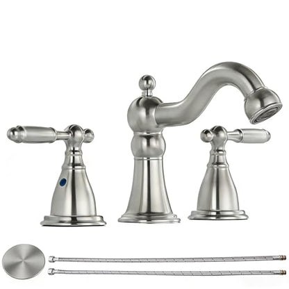 RKF Bathroom Faucets for Sink 3 Brushed Nickel 8 inch Widespread Bathroom Sink Faucet with Drain Double Lever Handle Faucet Bathroom Vanity Faucet Basin Mixer Tap WF013-BN - color: Nickel