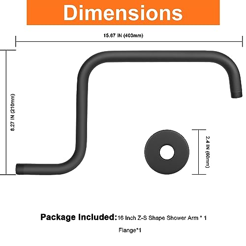 S Shaped Shower Arm, High Rise Shower Head Extension Pipe Standard 1/2" Connection with Flange, Awesome Shower Experience-Stainless Steel Bathroom Accessory(16 Inch Z-S Shape, Matte Black) - color: Matte Black, style: 16" Z Shape