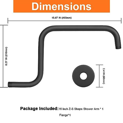 S Shaped Shower Arm, High Rise Shower Head Extension Pipe Standard 1/2" Connection with Flange, Awesome Shower Experience-Stainless Steel Bathroom Accessory(16 Inch Z-S Shape, Matte Black) - color: Matte Black, style: 16" Z Shape