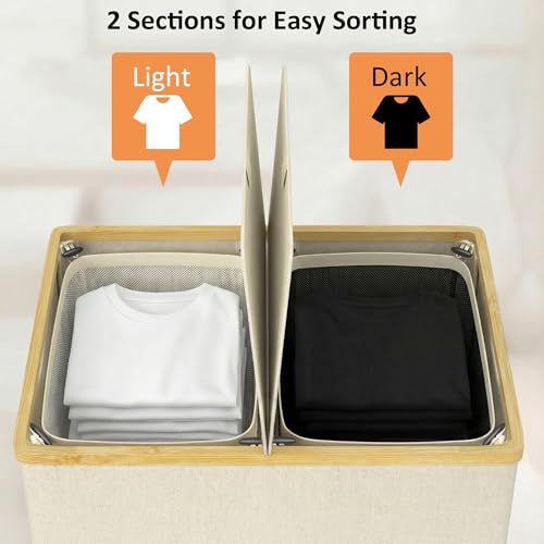 efluky Laundry Hamper with Lid, Double Laundry Basket with 2 Removable Bags, 2 Section Laundry Bin with Bamboo Handles for Bathroom, Bedroom & Laundry Room, 140L (36.9 Gallon) Beige - color: Beige, size: 140L Dual