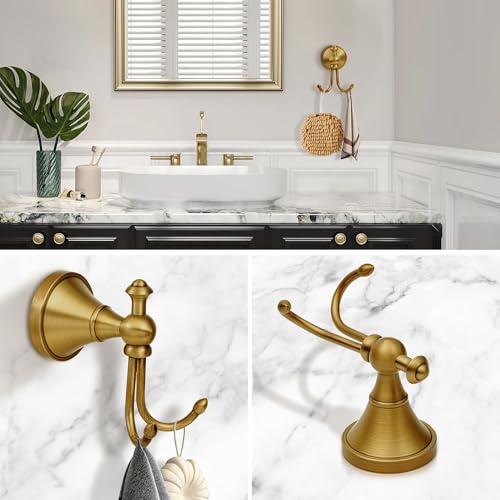 Antique Brass Towel Hook, Brass Bathroom Robe Hook, Rustic Double Towel Hooks Bath Farmhouse Coat Clothes Hook Wall Mounted for Bathroom Kitchen Washroom - color: Antique