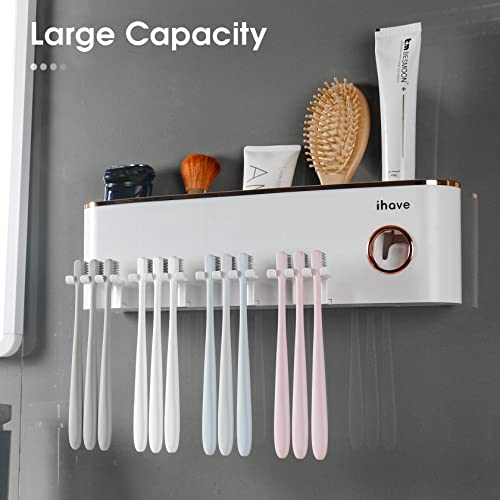 iHave Toothbrush Holders for Bathrooms Wall Mounted with Dispenser & 4 Cups | 12 Slots Wall Mount Toothbrush Holders for Bathrooms with Squeeze Toothpaste Dispenser, 4 Cups & 4 Compartments Organizer - color: White 4 Cups