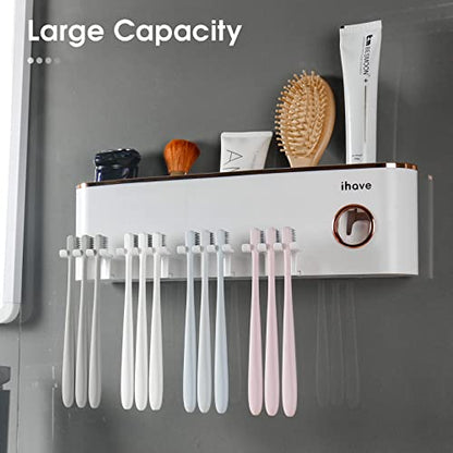 iHave Toothbrush Holders for Bathrooms Wall Mounted with Dispenser & 4 Cups | 12 Slots Wall Mount Toothbrush Holders for Bathrooms with Squeeze Toothpaste Dispenser, 4 Cups & 4 Compartments Organizer - color: White 4 Cups