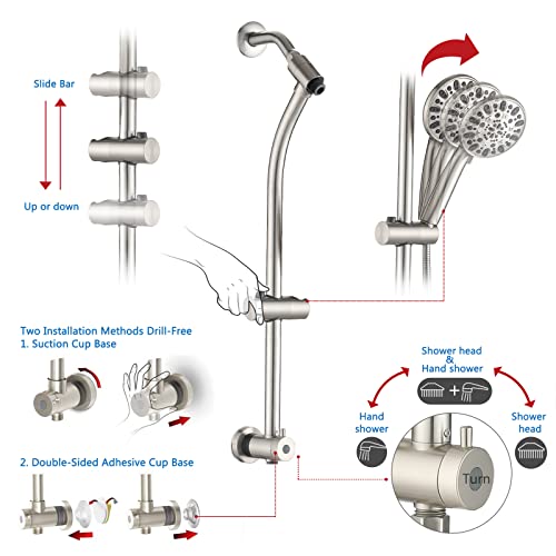 Rainfall 8 Inch Round Shower Head with High Pressure Handheld Spray Combo, Drill-Free Slide Bar with Adjustable Shower Extension Arm, 3-Way Diverter for Easy Reach, 5Ft Hose- Brushed Nickel - color: Brushed Nickel