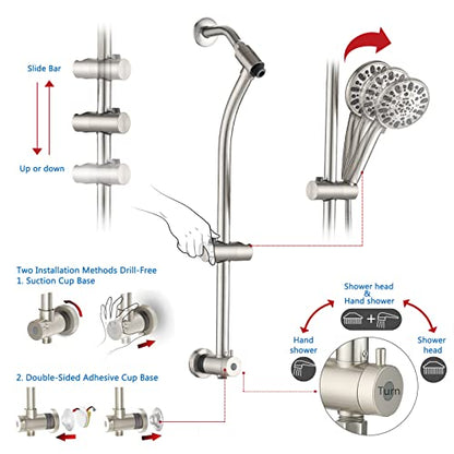 Rainfall 8 Inch Round Shower Head with High Pressure Handheld Spray Combo, Drill-Free Slide Bar with Adjustable Shower Extension Arm, 3-Way Diverter for Easy Reach, 5Ft Hose- Brushed Nickel - color: Brushed Nickel