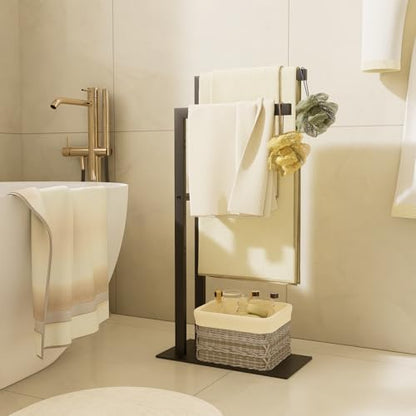 Yawinhe Free Standing Towel Rack,2 Tier Blanket Holder with Shelf,Black | Towel Drying Rack with Marble Base;Tall Towel Drying Rack Outdoor; Metal Towel Stand for Bathrooms;Hand Holder for Bathroom - color: Black