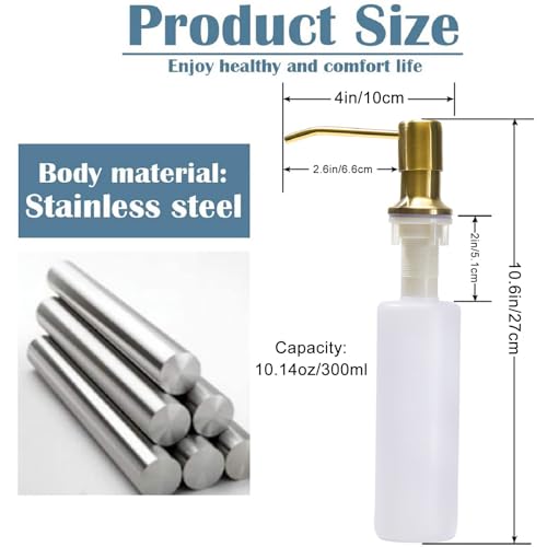 Soap Dispenser for Kitchen Sink (Gold),Built in Design Sink Soap Dispenser, Refill from The Top, Stainless Steel Kitchen Soap Pump with 10 fl.oz Bottle (300ml) - color: Gold, style: Antique