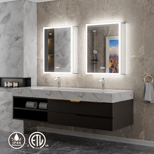24x32 Front & Backlit Medicine Cabinet with LED Lights, 155°Soft-Close Hinge, Surface or Recessed Dimmable Lighted Medicine Cabinet Mirror with Clock Outlet Inner Light,Anti-Fog - size: 24x32'' (Left Hinge)