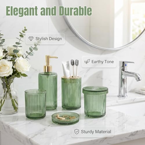 Green Bathroom Accessories Set 4 Pcs, Glass Bathroom Set | Bathroom Accessories Includes Soap dispenser, Toothbrush holder & Qtip holders, Modern Bathroom Decor, Housewarming Gift Set - style: 4 pcs Green