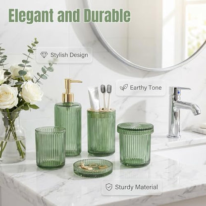 Green Bathroom Accessories Set 4 Pcs, Glass Bathroom Set | Bathroom Accessories Includes Soap dispenser, Toothbrush holder & Qtip holders, Modern Bathroom Decor, Housewarming Gift Set - style: 4 pcs Green