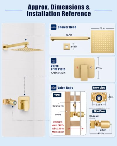 Heyalan 10 Inch Square Rain Shower Faucet Set with Valve, Brushed Gold | Female-thread 1/2-inch NPT connections, SUS304 shower head, brass rough-in valve, single-handle control Shower Set - color: Gold, size: 10 Inch Square Shower Head