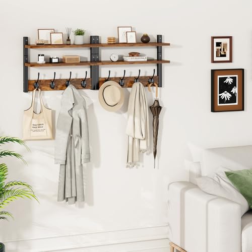 Double Shelf Coat Rack Wall Mount with 8 Hooks, Rustic Brown HWS009H-2 | Wooden Coat Hanger Key Holder Wall Mount for Coats Hats Keys - Wood Wall Mounted Coat Rack with Shelf for Entryway & Bathroom - color: Rustic Brown