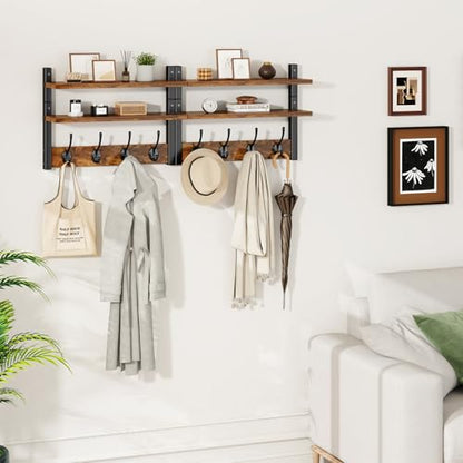 Double Shelf Coat Rack Wall Mount with 8 Hooks, Rustic Brown HWS009H-2 | Wooden Coat Hanger Key Holder Wall Mount for Coats Hats Keys - Wood Wall Mounted Coat Rack with Shelf for Entryway & Bathroom - color: Rustic Brown