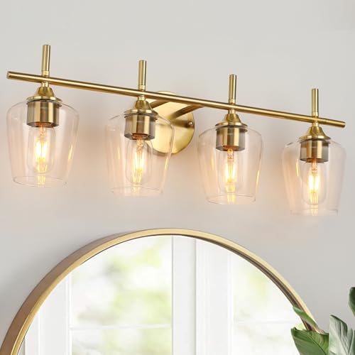 foucasal Bathroom Light Fixtures 4-Light Gold Bathroom Vanity Light | Win Glass Clear Shade, Modern Wall Lights for Bathroom Bedroom Hallway Living Room (Gold, 4-Light) - color: Gold & Clear E26, size: 4-light