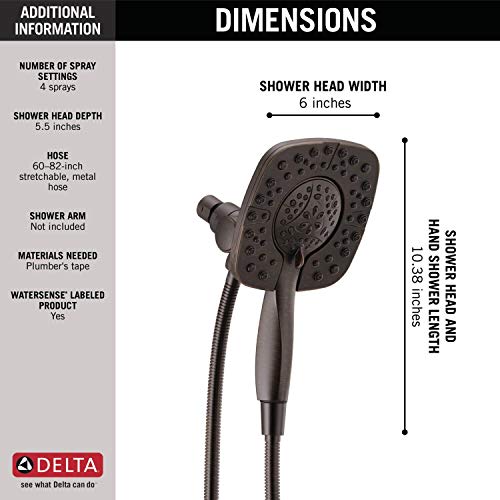 Delta 4-Setting In2ition 2-in-1 Dual Shower Head with HandHeld Spray, Venetian Bronze Detachable Shower Head with Hose, Showerhead, 1.75 GPM Flow Rate, Venetian Bronze 58498-RB - color: Venetian Bronze