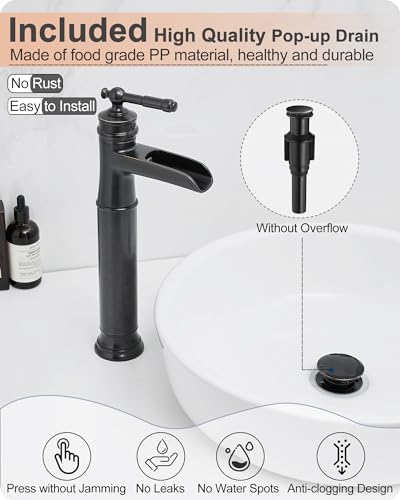 Brass Vessel Sink Faucet Oil Rubbed Bronze, Waterfall Tall Bathroom Faucet 1 Hole with Single Handle, Pop-Up Drain & Water Hose for Farmhouse Vanity Restroom Vessel Bowl Sink, 5 Mins Install - color: Oil Rubbed Bronze - Farmhouse