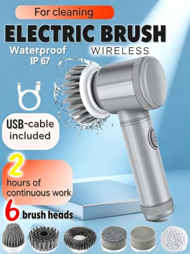 Electric Cordless Spin Cleaning Scrubber, Powerful Handheld Shower Cleaner with 6 Interchangeable Brush Heads, Multi-Surface Cleaner for Bathroom Tub Tile Grout Kitchen Sink Window Floor Car, Gray
