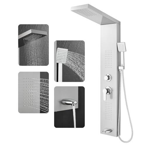 ROVOGO Shower Panel Tower System with 4 Shower Modes, 46.5", No Led Lights | Rain Shower Head, 2 Body Jets, Handheld and Tub Spout, Stainless Steel Shower Column w/ Brass Valves, cUPC Cartridge, Brushed - color: Brushed-no led