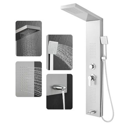 ROVOGO Shower Panel Tower System with 4 Shower Modes, 46.5", No Led Lights | Rain Shower Head, 2 Body Jets, Handheld and Tub Spout, Stainless Steel Shower Column w/ Brass Valves, cUPC Cartridge, Brushed - color: Brushed-no led