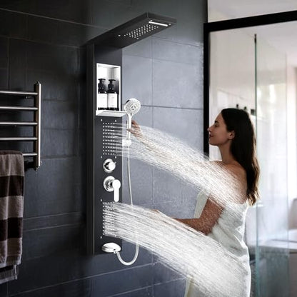 Shower Panel System, Multi-Function Shower Tower With 4 Body Spray, 5 Handheld Settings, Shelf & Adjustable Height, Rainfall + Waterfall Shower Head