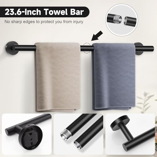 Matte Black Towel Bar Set, 5-Piece Bathroom Hardware Set with Smiley Face Towel Rings, Stainless Steel Wall-Mounted Towel Rack Set 23.6 Inch - color: Black