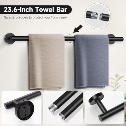 Matte Black Towel Bar Set, 5-Piece Bathroom Hardware Set with Smiley Face Towel Rings, Stainless Steel Wall-Mounted Towel Rack Set 23.6 Inch - color: Black