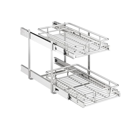 2-Tier Kitchen Cabinet Pull Out Shelf and Drawer Organizer Slide Out Pantry Storaqe Basket in Multiple Sizes (14" W x 21" D) - size: 14" W x 21" D