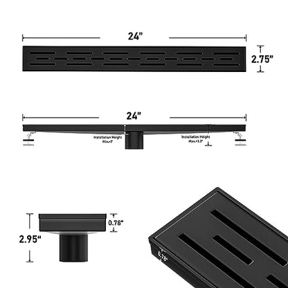 Linear Shower Drain 24" Matte Black 304 Stainless Steel | with Drain Grate| Fast Drainage | Stainless Floor Drain Grate | Hair Strainer | Drain Key | The Upgrade for Your Bathroom - size: 24 Inch