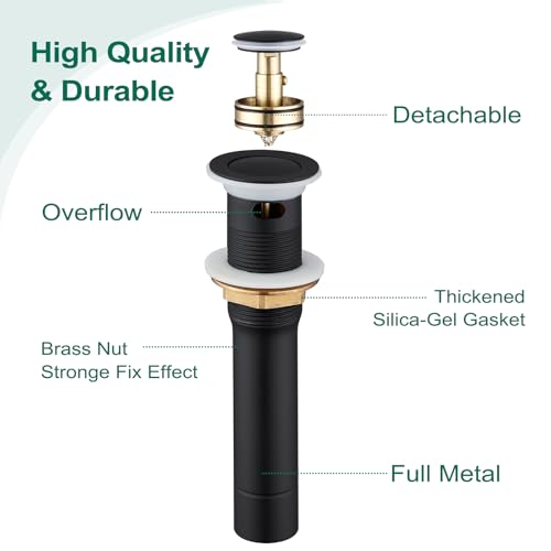 CREA Black Bathroom Drain Stopper, Pop Up Sink Drain with Overflow, Vessel Sink Drain Plug with Anti-Clogging Strainer, All Metal Stainless Steel - color: Black