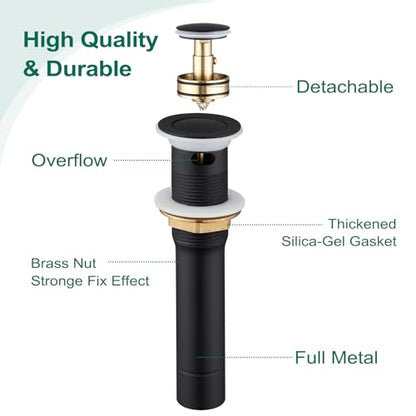 CREA Black Bathroom Drain Stopper, Pop Up Sink Drain with Overflow, Vessel Sink Drain Plug with Anti-Clogging Strainer, All Metal Stainless Steel - color: Black