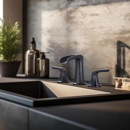 Matte Black Waterfall Bathroom Faucet, Sanliv 3-Piece Widespread Bathroom Sink Faucets, 2-Handle Vanity Faucet for 3-Hole Sinks 4-8 Inch with Pop-Up Drain, ‎Matte Black - color: Matte Black