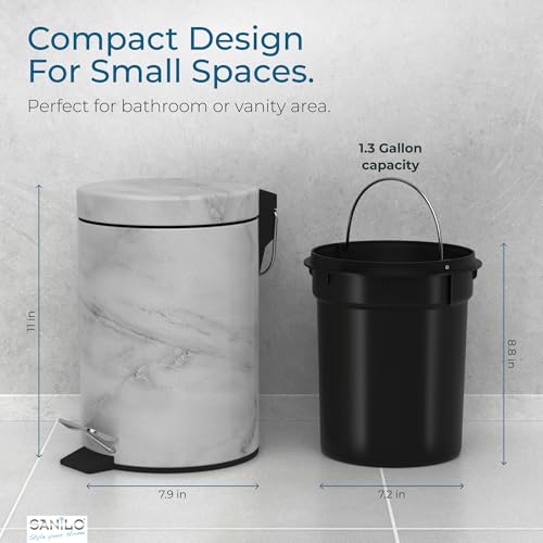 Sanilo Small Bathroom Trash Can with Lid [1.3 Gallon] - Lidded Tiny Trashcan for Garbage - Mini Metal Bin with Soft Closing Mechanism - Bath Room Accessoire Wastebin with Inner Bucket (Marble) - color: Marble