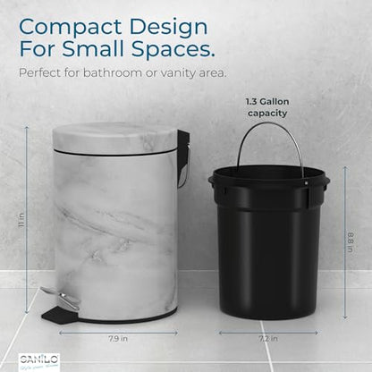Sanilo Small Bathroom Trash Can with Lid [1.3 Gallon] - Lidded Tiny Trashcan for Garbage - Mini Metal Bin with Soft Closing Mechanism - Bath Room Accessoire Wastebin with Inner Bucket (Marble) - color: Marble