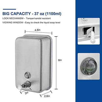Commercial Soap Dispenser Wall Mount Stainless Steel, Vertical | Rust-Proof Lining and Anti-Leak Pump Liquid Hand 1100ml / 37oz. - size: Vertical