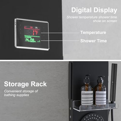 RUMOSE Dark Black Shower Panel Tower System, 5-Mode Shower Faucet Set | LED Light Rainfall Shower Head Digital Display with Massage Jets Tub Spout Shower Shelves, Stainless Steel, Wall Mount - color: Dark Black