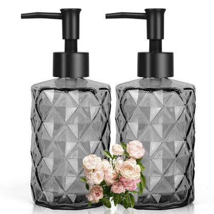 11oz Glass Soap Dispenser with Plastic Pump, Clear Black Bathroom Soap Dispenser for Hand Wash & Dish Wash, Elegant Dispenser for Dishwashing Liquid, Lotion, Shower Gel, Essential Oil - color: Diamond Black