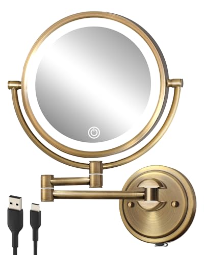 10" Lighted Wall Mounted Makeup Mirror Swing Arm with 5X Magnification | Rechargeable, 3-Color Touch Sensor Dimmable, Double-Sided Bathroom Makeup Magnifying Vanity Extendable, Brushed Antique Brass - color: Brushed Antique Brass