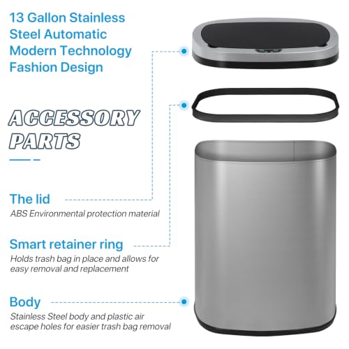 Kitchen Trash Can | Stainless Steel 13 Gallon Trash Can | 50L Touch Free Garbage Can with Lid | Electronic Sensor High Capacity Trash Bin for Bathroom Kitchen Office, Silver - color: Silver