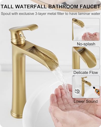 Vessel Sink Faucet, Tall Brass Waterfall Bathroom Faucet 1 Handle Gold Faucets for Bathroom Vanity 1 Hole with Pop-Up Drain & Supply Hoses - color: Brushed Gold-Noble