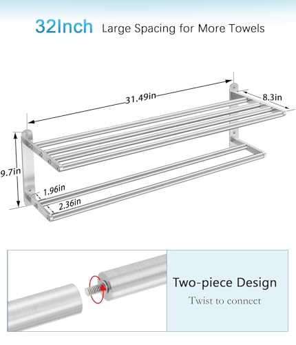 VOTZAAQ 32 in Towel Racks for Bathroom, Bath Towel Shelf with Double Towel Bar, Stainless Steel Towel Storage for Lavatory Wall Mounted, 2-Tier Towel Hanger Towel Holder, Brushed Nickel - size: 32in