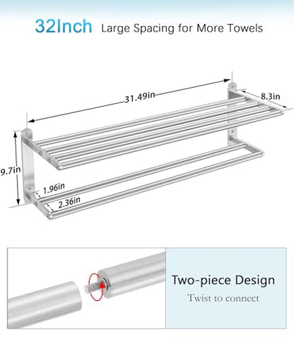 VOTZAAQ 32 in Towel Racks for Bathroom, Bath Towel Shelf with Double Towel Bar, Stainless Steel Towel Storage for Lavatory Wall Mounted, 2-Tier Towel Hanger Towel Holder, Brushed Nickel - size: 32in