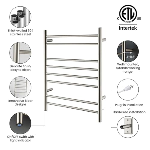 Kibi 24 Inch Wall-Mounted Electric Towel Warmer Rack– 8-Bar 304 Stainless Steel, ETL-Certified, Hardwired or Plug-in, Fast-Heat Up to 122 Degrees F – Heated Towel Rack for Bathroom (Brushed Nickel) - color: Brushed Nickel