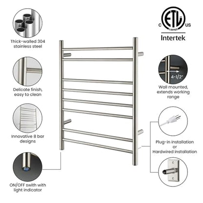 Kibi 24 Inch Wall-Mounted Electric Towel Warmer Rack– 8-Bar 304 Stainless Steel, ETL-Certified, Hardwired or Plug-in, Fast-Heat Up to 122 Degrees F – Heated Towel Rack for Bathroom (Brushed Nickel) - color: Brushed Nickel