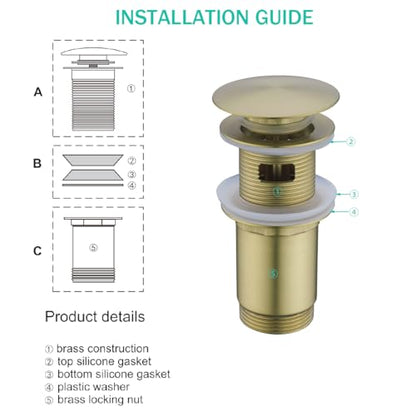 All Metal Bathroom Sink Drain,Pop-up Drain with Detachable Basket Stopper,Anti-Clogging Drain Strainer,Hair Catcher,for Vanity Vessel Sink with Overflow,Brushed Gold,SE83997PB-1BG - color: Brushed Gold(with Overflow)