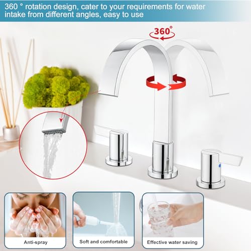 Midanya 8 Inch Widespread Bathroom Sink Faucet 3 Hole,Polish Chrome | Waterfall Swivel Spout,2 Handle,SUS304,with Pop Up Drain,cUPC 24" Water Hose,for 6-16” hole distance vanity,RV,Farmhouse Sink - color: Chrome